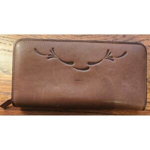 Buxton Brown Velvet Touch Cowhide Leather Zip Around Organizer Wallet Floral